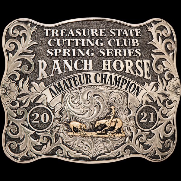The Texarkana Belt Buckle is a fancy matted silver belt buckle with stunning vine scrollwork and antique finish. Customize this amazing trophy buckle today!